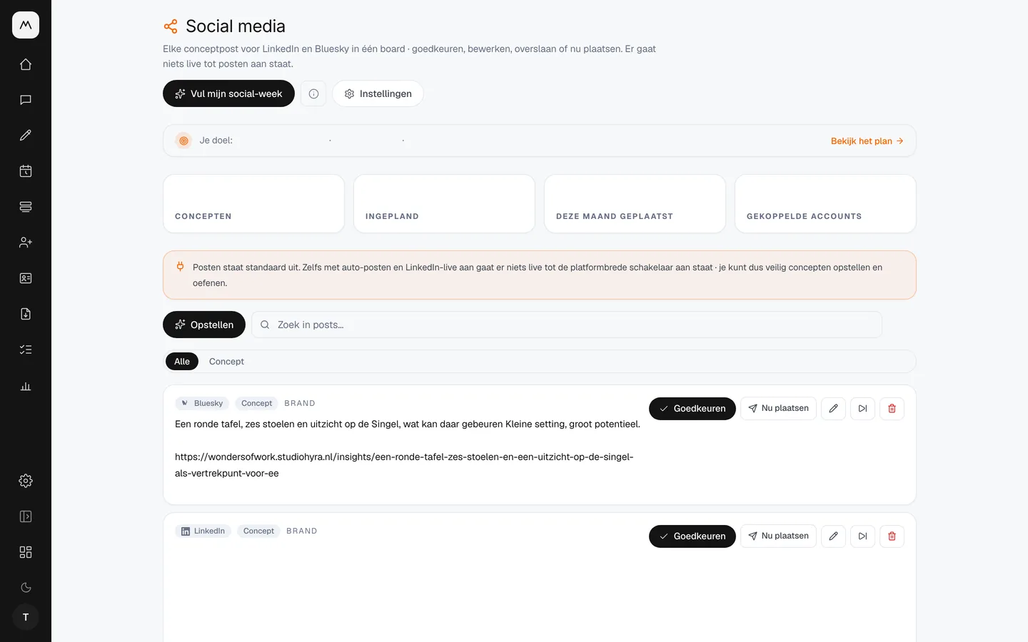 De socialplanning van Wonders of Work met berichten voor LinkedIn en Bluesky, het bereik afgedekt